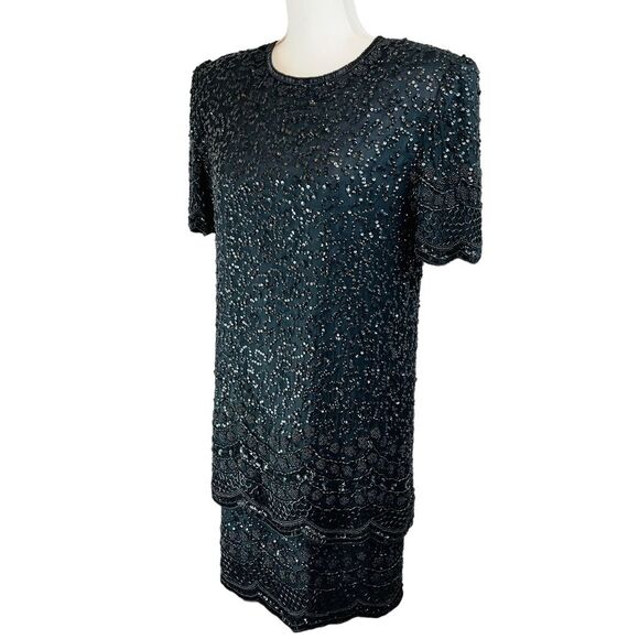 Vintage LAURENCE KAZAR Black Fully Beaded Shift Dress Short Sleeve Silk Art Deco - Picture 8 of 16